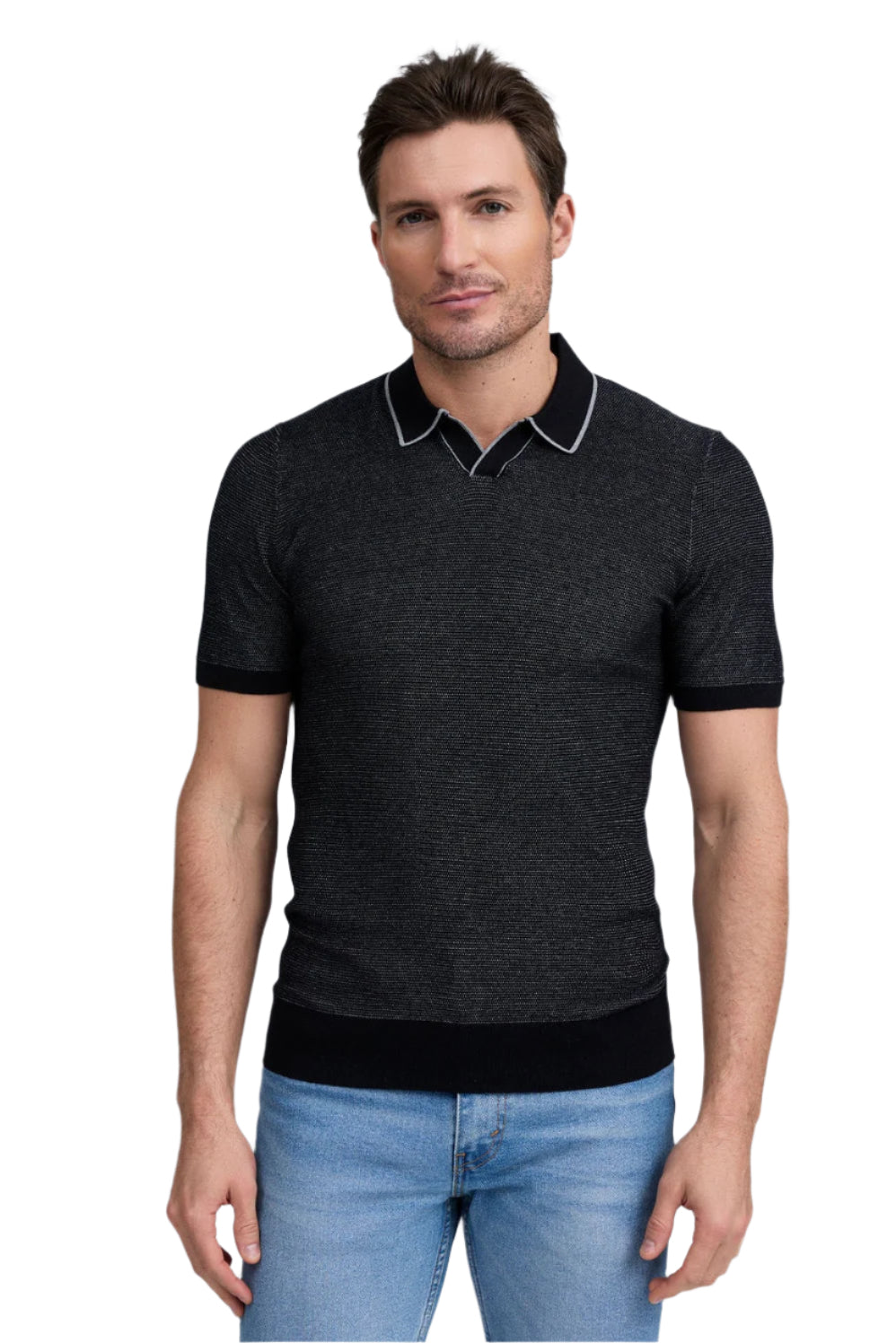 Raffi Textured Johnny Collar Polo - Black