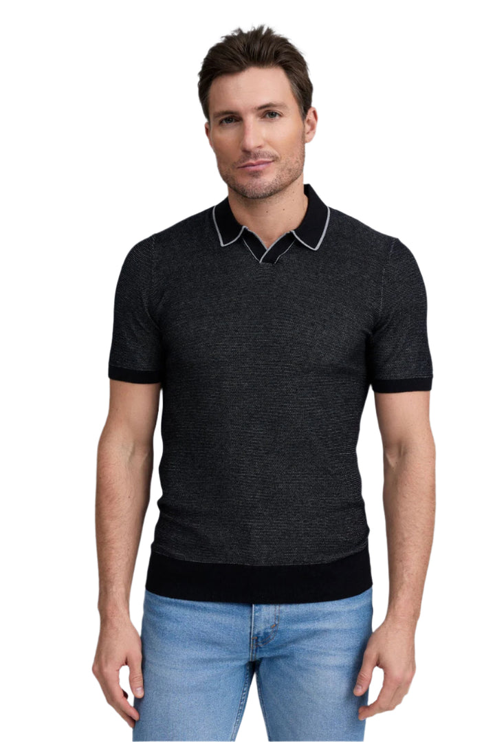 Raffi Textured Johnny Collar Polo - Black