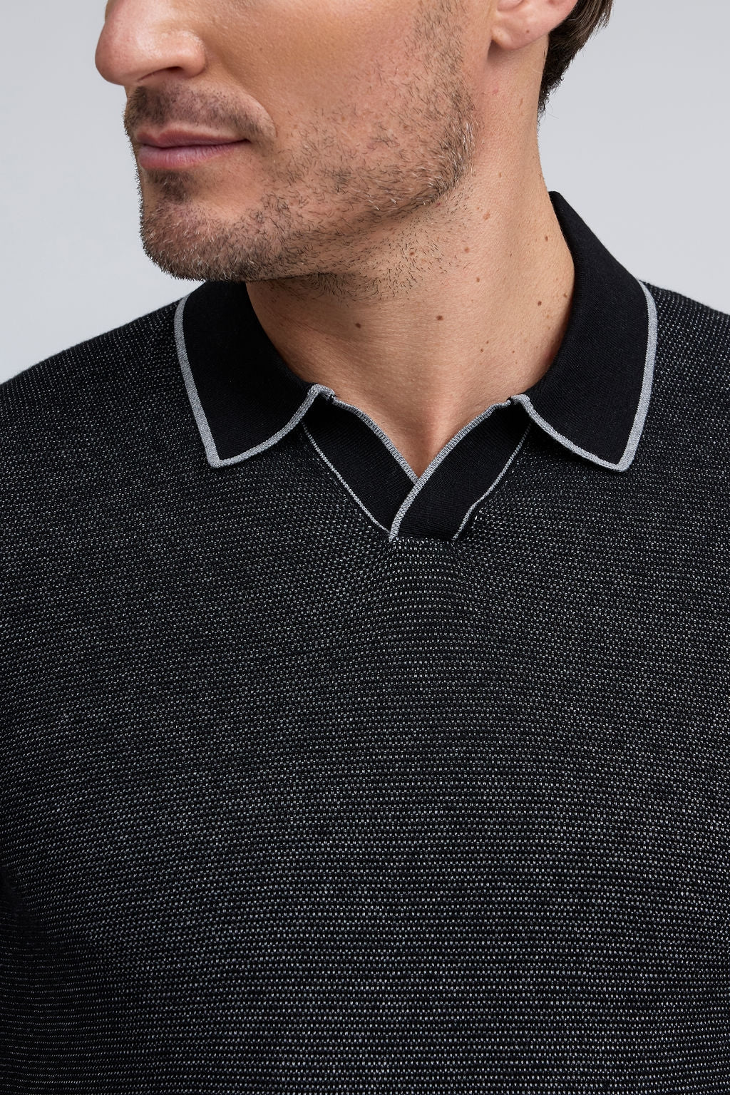 Raffi Textured Johnny Collar Polo - Black